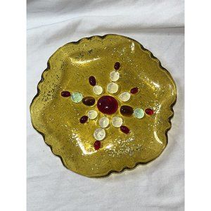 VTG Resin Round Scalloped Tray Plate Dish Yellow Blue Red W/ Silver Glitter 8”